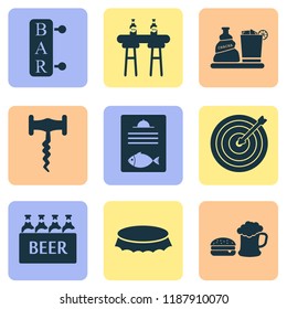 Alcohol icons set with liquor, fish menu, beer with burger and other poster elements. Isolated vector illustration alcohol icons.