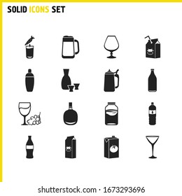 Alcohol icons set with shaker, milk bottle and white wine elements. Set of alcohol icons and whiskey concept. Editable vector elements for logo app UI design.