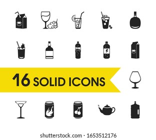 Alcohol icons set with soft drink, mineral water and smoothie elements. Set of alcohol icons and aqua concept. Editable vector elements for logo app UI design.