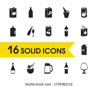 Alcohol icons set with still water bottle, large milk box and energetic drink elements. Set of alcohol icons and vitamin concept. Editable vector elements for logo app UI design.