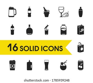 Alcohol icons set with take away coffee, beer mug and still water bottle elements. Set of alcohol icons and soda concept. Editable vector elements for logo app UI design.