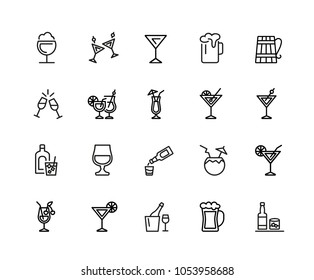 Alcohol icons. Set of twenty line icons. Cocktail, toast, martini. Alcoholic drinks concept. Vector illustration can be used for topics like drinks, bar, restaurant