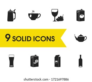 Alcohol icons set with wheat beer glass, beer steins and large milk box elements. Set of alcohol icons and draught concept. Editable vector elements for logo app UI design.