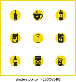 Alcohol icons set with wine bottle, iced coffee and take away coffee elements. Set of alcohol icons and energy can concept. Editable vector elements for logo app UI design.