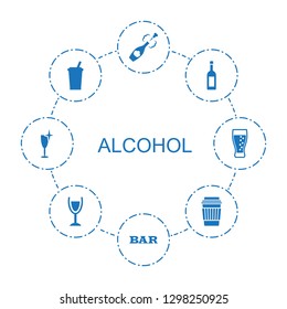 alcohol icons. Trendy 8 alcohol icons. Contain icons such as champagne, Bar, wine glass, drink, clean wine glass, soda. alcohol icon for web and mobile.