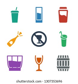 alcohol icons. Trendy 9 alcohol icons. Contain icons such as barrel, wine glass, drink, no alcohol, opened champagne. icon for web and mobile.