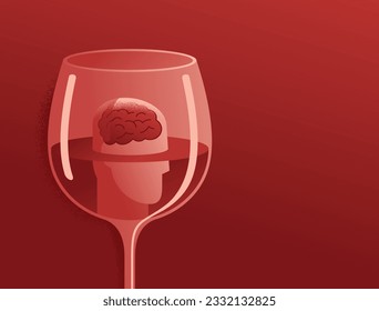 Alcohol impact the brain - human head drowning in glass wine. Medical and psychological conceptual illustration