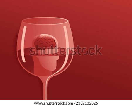 Alcohol impact the brain - human head drowning in glass wine. Medical and psychological conceptual illustration