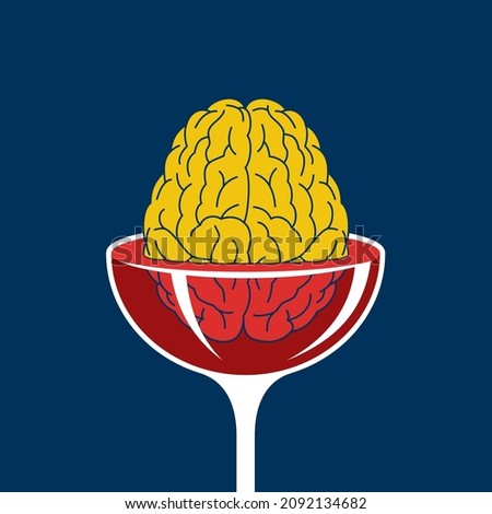 Alcohol impact the brain - main human organ drowning in glass wine. Medical and psychological conceptual illustration