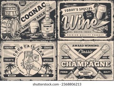 Alcohol industry monochrome set flyers with champagne bottles and cognac storage barrels near beach bar cocktail vector illustration