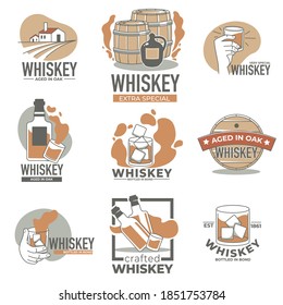 Alcohol industry production, whiskey or brandy brand, isolated labels or emblems with oak barrels and bottles. Bar or pud logotype, brewing at home or industry manufacturing. Vector in flat style
