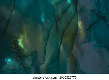 Alkoholfarbe. Abstrakter Hintergrund. Blau oder Türkis mit goldenem und glänzendem Marmor. Handgemalt in Alkoholfarbe Technik. Banner, Plakatdesign. Vektorgrafik.
