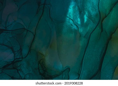 Tinta de alcohol. Antecedentes abstractos. Azul o turquesa con una textura de mármol dorado y soleado. Pintado a mano en la técnica de tinta alcohólica. Texturas líquidas originales. Cartel, diseño de afiches. Ilustración vectorial.