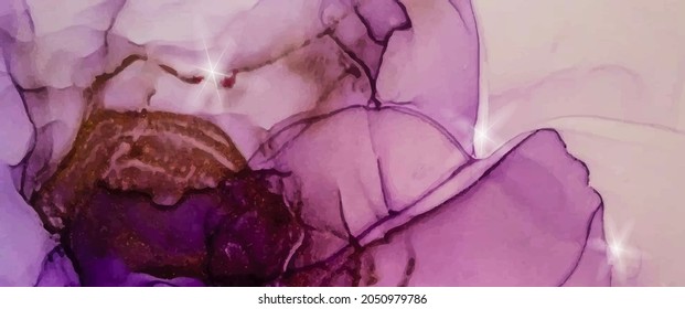 Alcohol ink. Abstract background. Purple with bronze and sun glare marble texture. Hand-painted in alcohol ink technique. Banner, poster design. Vector.