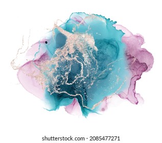 Alcohol ink abstract shape Blue, gold and pink texture