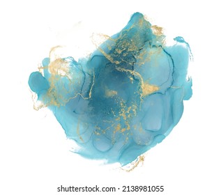 Forma abstracta de tinta de alcohol Color oro y textura azul