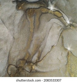 Alcohol ink. Bronze marble texture with sun highlights and gold particles. Abstract background. Painted by hand with alcohol ink. Banner, poster design. Vector.