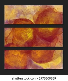 Alcohol ink colors banner set. Abstract gold colored marble texture banner. Mixing acrylic paints.