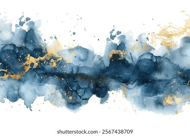 Alcohol ink colors translucent. Dark blue premium fluid gradient pattern luxury background with gold glitter. Flowing gradient luxury gold stains. Rich premium fluid motion royal blue vector design