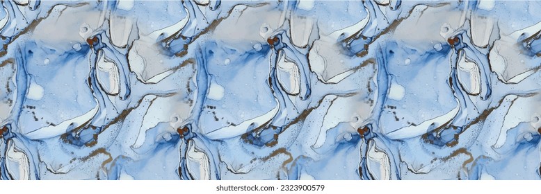 Alcohol Ink Marble. Fluid Elegant Watercolor. Blue Art Paint. Foil Marble Watercolor. Vector Seamless Ink Template. Watercolor Marble. White Shiny Pattern. Gold Gradient Background. Blue Vector Ink