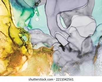 Alcohol Ink Marble. Gold Marble Ink Background. Elegant Fluid Texture. Glitter Water Color Marble. Green Art Paint. Glitter Water Color Background. Luxury Vector Template. Green Abstract Watercolor.
