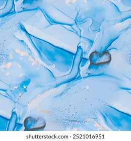Alcohol Ink Marble. Watercolor Marble. Foil Art Paint. Gold Oriental Background. Vector Seamless Ink Painting. Shiny Luxury Repeat. Light Elegant Watercolor. Blue Marble Watercolor. Trendy Vector Ink