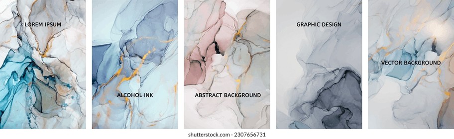  Alcohol ink modern abstract painting. Set of vertical backgrounds. watercolor fluid painting vector design. Pastel, neutral and golden marble.