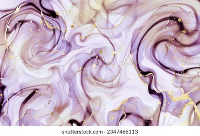 Alcohol ink painting background texture with gold waves and splatter.
