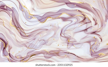 Alcohol ink painting background texture with gold waves and splatter.