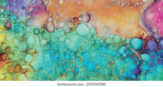 Alcohol ink rainbow painting.Gradient spots stains banner wallpaper background.Watercolor marble wall mural.Fluid liquid surface backdrop.Presentation.Web border.Card.