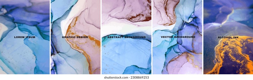  Alcohol ink technique vector textures. Creative paint in natural colors with glitter. Marble card presentation, flyer, invitation card template design, vintage style.