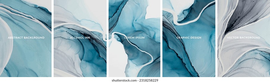  Texturas vectoriales de la técnica de tinta alcohólica. Un conjunto abstracto de mármol azul, verde y dorado de lujo. Pintura creativa en colores naturales con brillo. 