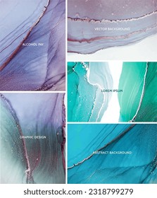  Alcohol ink technique vector textures. Luxury blue, green and gold marble abstract background set. Creative paint in natural colors with glitter. 