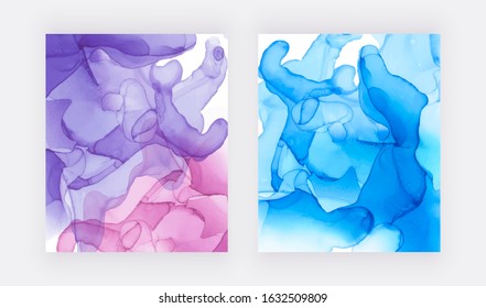 Alcohol ink texture. Abstract blue with purple hand painted background. Fluid art painting design. Trendy wallpaper.
