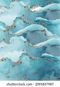 Alcohol ink texture. Abstract hand painted blue and gold background.
