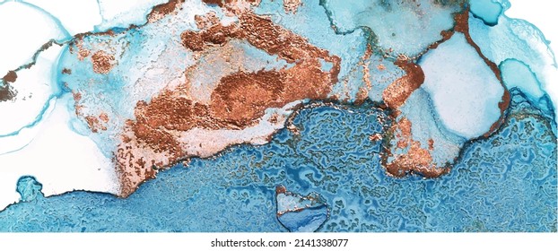Textura de tinta de alcohol. Resumen de fondo azul y oro pintado a mano.