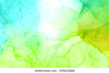 Alcohol ink vector bright color abstract background. Green, blue, yellow colors on white
