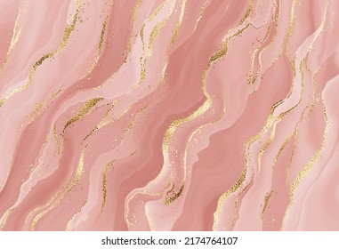 Alcohol ink wall art print design with gold waves and glitter splatter.