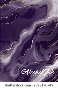 Alcohol ink watercolor background. Aesthetic dark purple marble painting with glitters and golden liquid. Beautiful abstract hand-drawn suitable for wedding invitation backgrounds