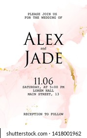 Alcohol ink wedding invitation template. Tender soft coral gold card with liquid paint background. Summer greeting card decoration. Vector.