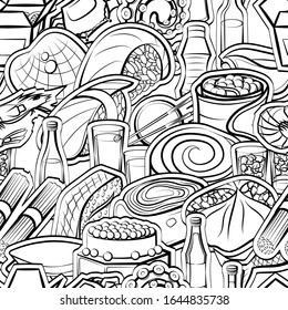 Alcohol, Japanese food, Seafood and Snacks pattern. Background for printing, design, web. Seamless. Monochrome binary, black and white.