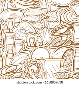 Alcohol, Japanese food, Seafood and Snacks pattern. Background for printing, design, web. Seamless. Binary color.