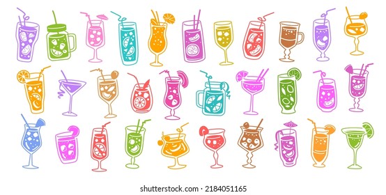 Alcohol and juice cocktails icon set. Summer holiday and beach party concept. Vector illustration for restaurant menu