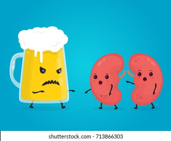 alcohol kill kidneys. Stop drink concept. Angry scary glass of beer kill kidneys. Vector flat cartoon character illustration. 