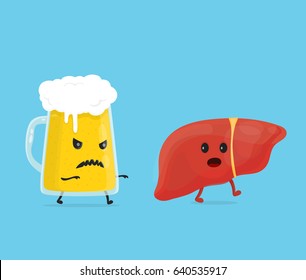 alcohol kill liver. Stop drink concept. glass of beer kill liver. Vector flat cartoon character illustration