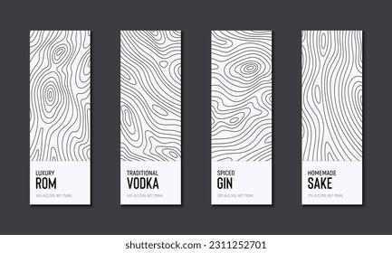 Alcohol label set of topographic line map. Wood rings, vector line pattern of shape countour. Outline pattern for brand logo templates. Contours of tree, concepts for bottle labels or banners.