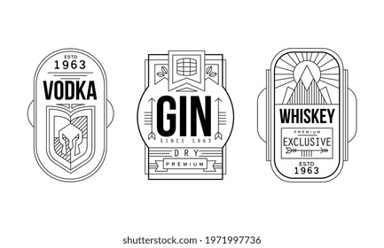 Alcohol Labels with Gin, Vodka and Whiskey Vector Set