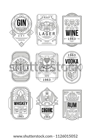 Alcohol labels set, gin, lager, wine, tequila, brandy, vodka, whiskey, cognac, rum retro alcohol industry monochrome emblem vector Illustration on a white background