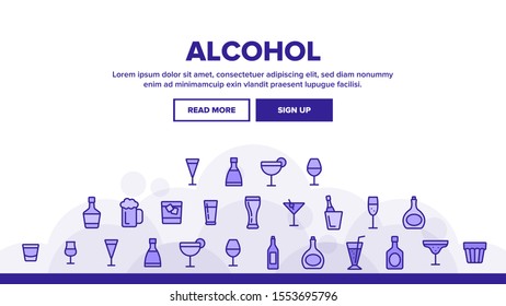 Alcohol Landing Web Page Header Banner Template Vector. Alcohol Beverage In Glass And Bottle Concept Linear Pictograms. Beer And Champagne, Wine And Whiskey Illustration