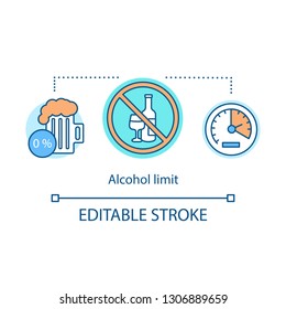 Alcohol limit concept icon. Abstinence. No alcohol idea thin line illustration. Forbidden sign with wine, non-alcoholic beer, speedometer. Vector isolated outline drawing. Editable stroke